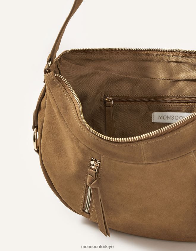 Monsoon kadınlar dana fermuarlı süet omuz çantası JH86BT1447 aksesuar zarif