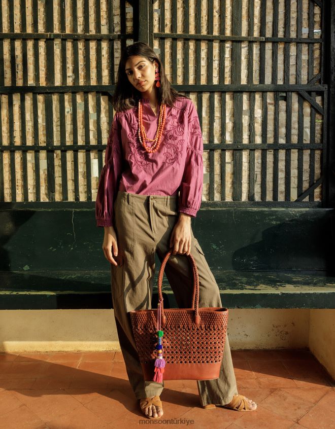 Monsoon kadınlar dokuma deri tote çanta JH86BT1458 aksesuar moda