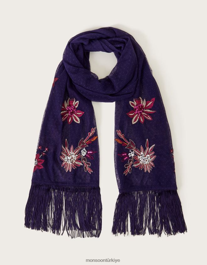 Monsoon kadınlar işlemeli fırsat eşarp JH86BT1240 aksesuar Mavi Donanma)