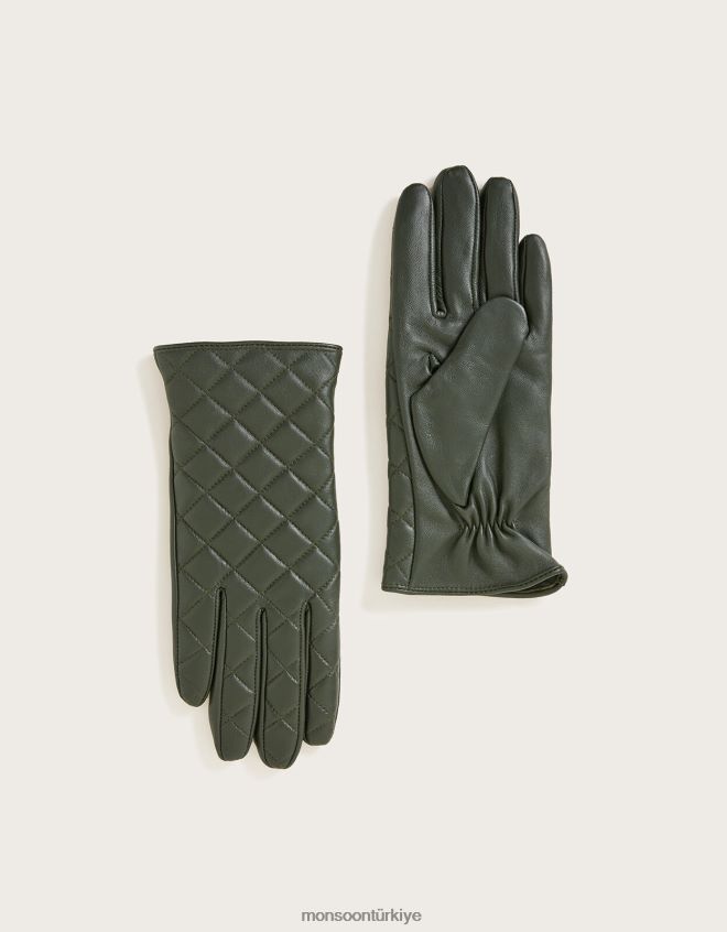 Monsoon kadınlar kapitone deri eldiven JH86BT1445 aksesuar yeşil