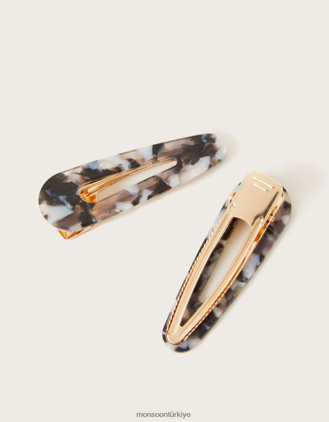 Monsoon kadınlar desenli reçine saç tokası ikili set JH86BT1348 aksesuar siyah