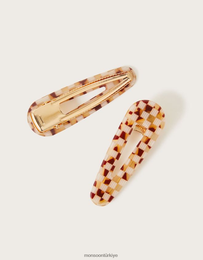 Monsoon kadınlar desenli reçine saç tokası ikili set JH86BT1360 aksesuar kahverengi