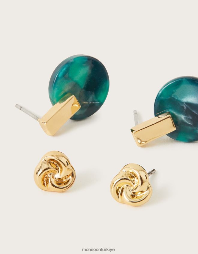 Monsoon kadınlar zümrüt reçine küpe üçlü set JH86BT1335 aksesuar moda