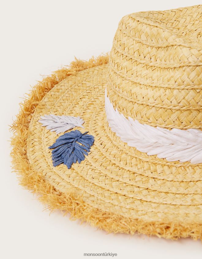 Monsoon kadınlar işlemeli saçaklı rafya şapka JH86BT1244 aksesuar şık