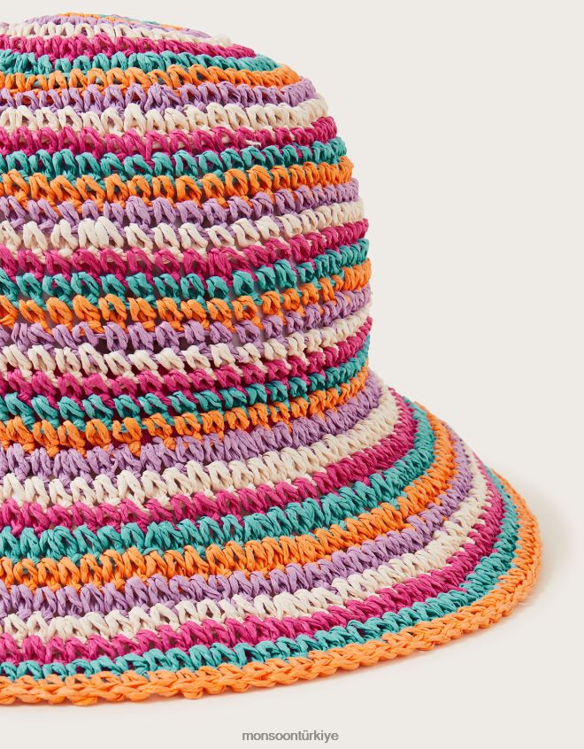 Monsoon kadınlar çizgili rafya kova şapka JH86BT1457 aksesuar zarif