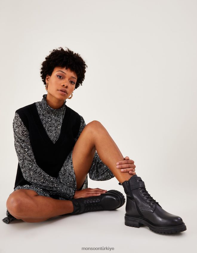 Monsoon kadınlar brogue deri stomper çizmeler JH86BT427 ayakkabı siyah