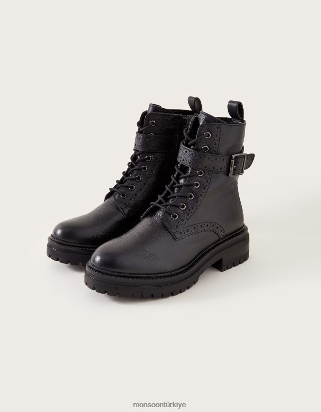 Monsoon kadınlar brogue deri stomper çizmeler JH86BT427 ayakkabı siyah