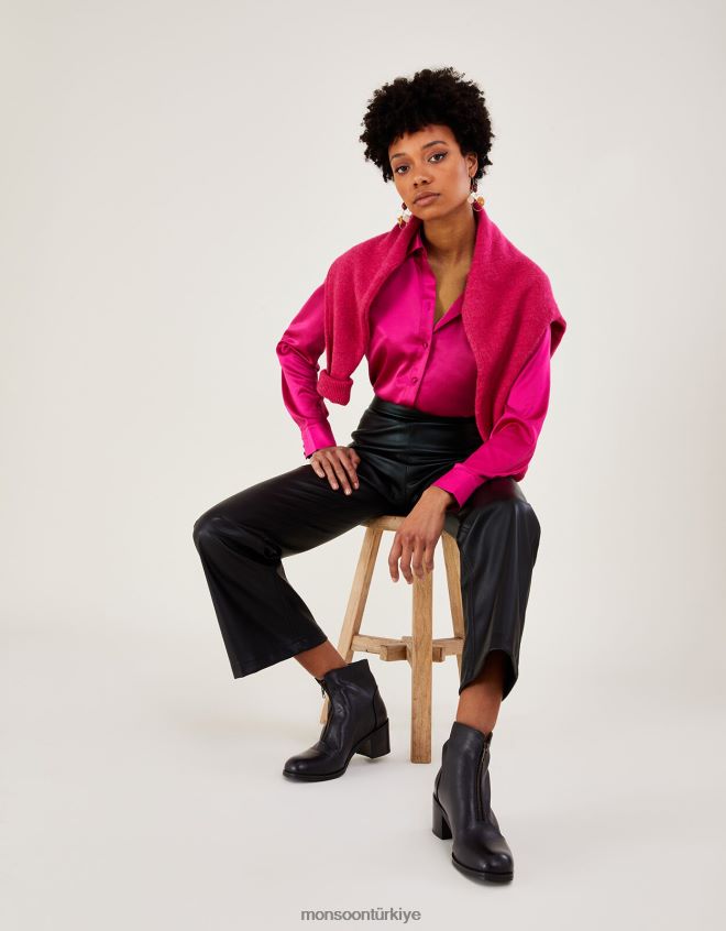 Monsoon kadınlar önü fermuarlı kalın deri çizme JH86BT1510 ayakkabı siyah