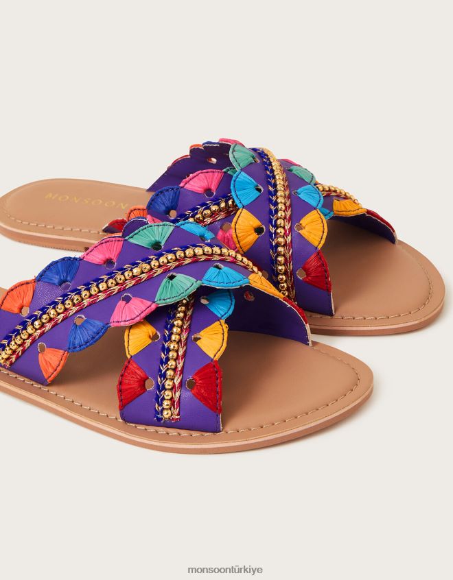 Monsoon kadınlar rafya süslenmiş kaydırıcılar JH86BT1550 ayakkabı mor