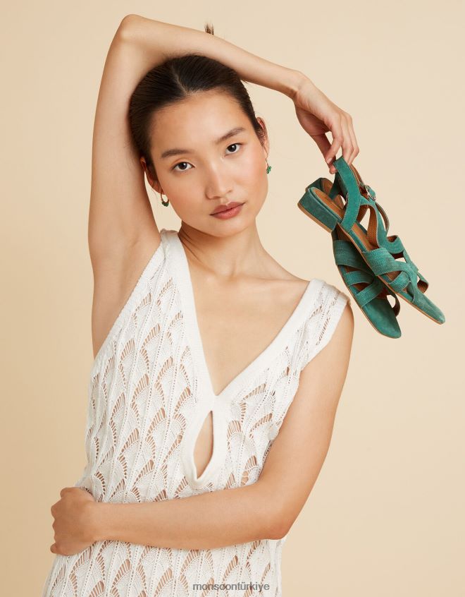 Monsoon kadınlar süet çapraz düz sandalet JH86BT2805 ayakkabı yeşil