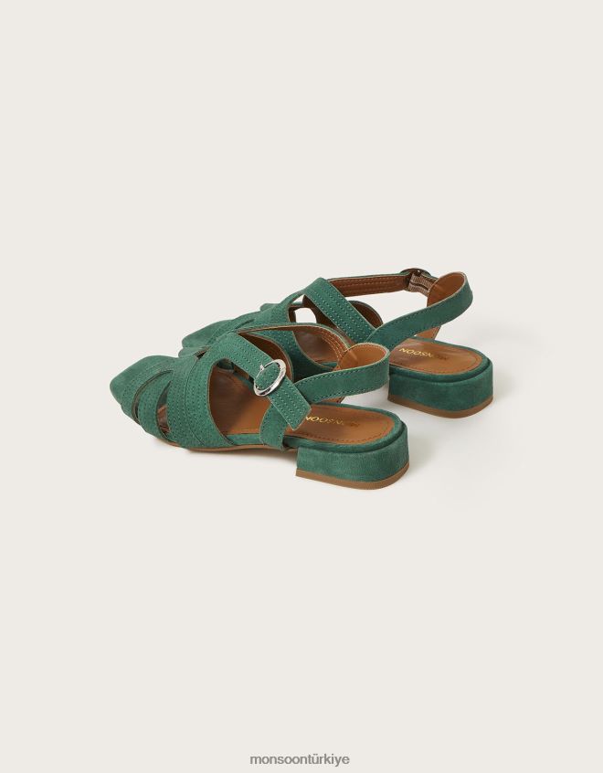 Monsoon kadınlar süet çapraz düz sandalet JH86BT2805 ayakkabı yeşil