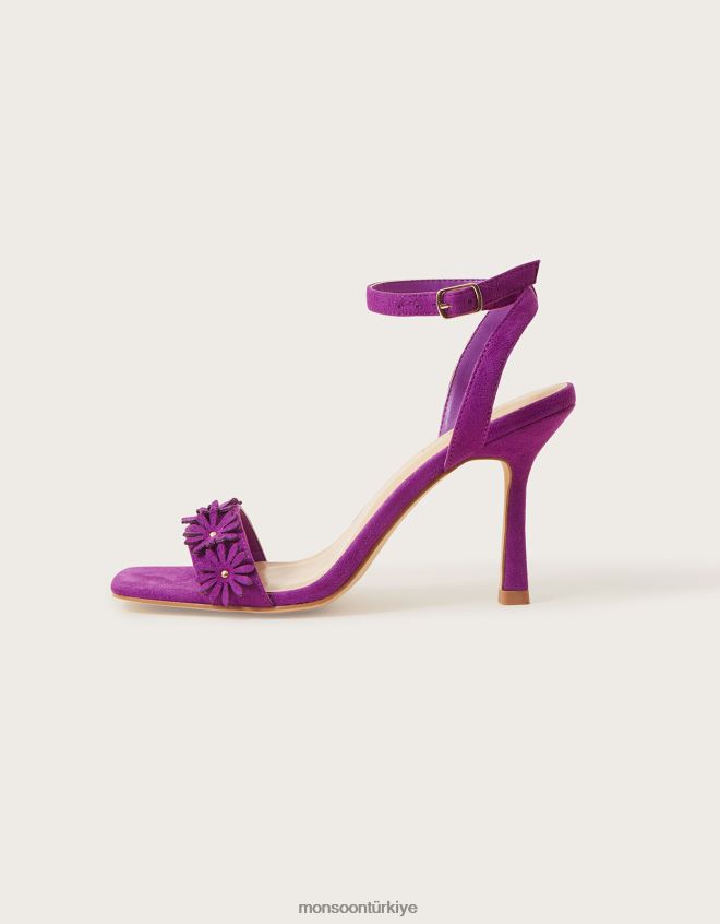 Monsoon kadınlar süet çiçek topuklu sandalet JH86BT1482 ayakkabı mor