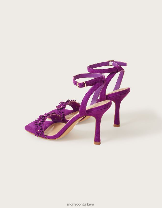 Monsoon kadınlar süet çiçek topuklu sandalet JH86BT1482 ayakkabı mor