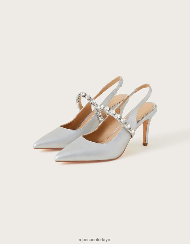 Monsoon kadınlar metalik sivri taşlı arkası açık topuklu ayakkabı JH86BT1555 ayakkabı gümüş