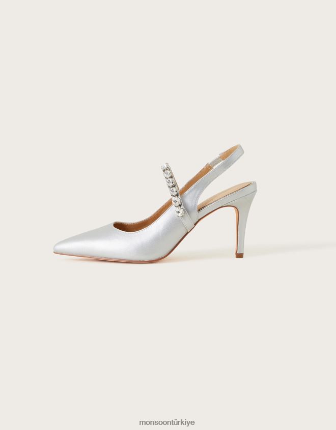 Monsoon kadınlar metalik sivri taşlı arkası açık topuklu ayakkabı JH86BT1555 ayakkabı gümüş