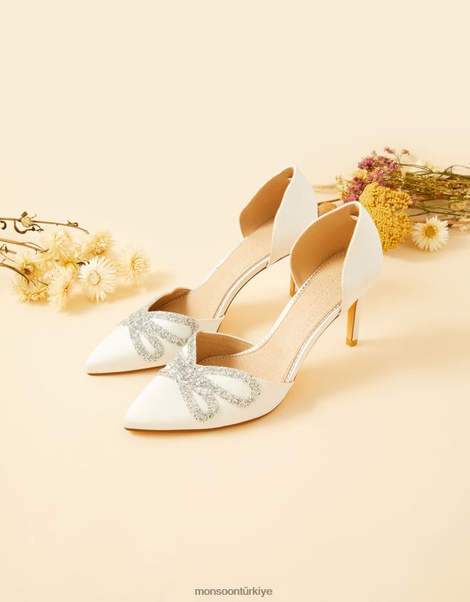 Monsoon kadınlar parıltılı fiyonklu sivri burunlu gelin mahkemesi topuklu ayakkabı JH86BT1530 ayakkabı fildişi