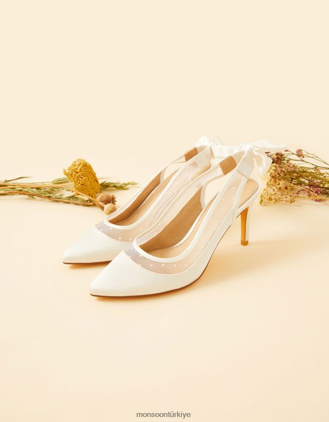Monsoon kadınlar yay örgü arkası açık topuklu gelin topukluları JH86BT1561 ayakkabı fildişi