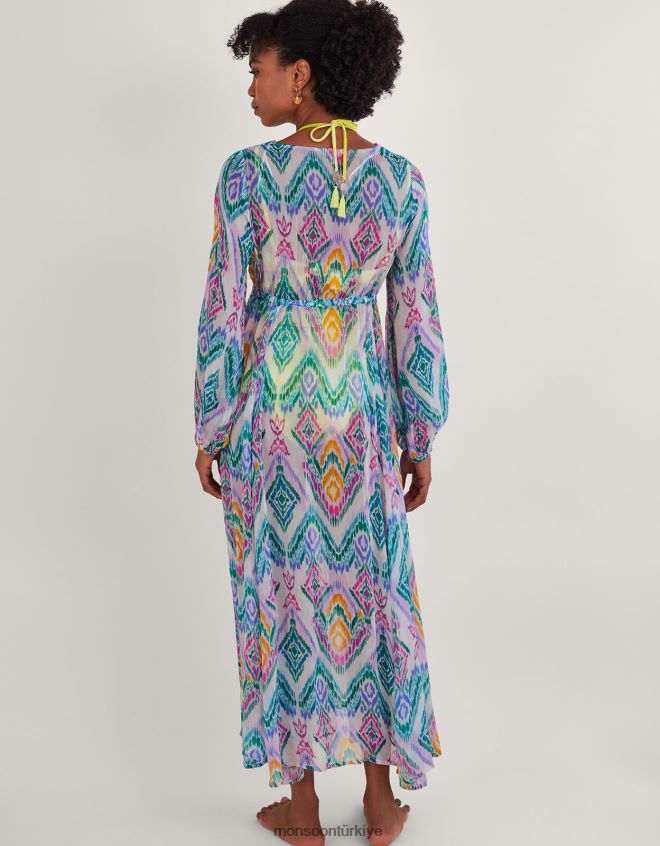 Monsoon kadınlar Lenzing Ecovero\'da gökkuşağı ikat desenli kaftan elbise JH86BT293 Giyim pembe