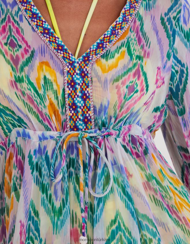 Monsoon kadınlar Lenzing Ecovero\'da gökkuşağı ikat desenli kaftan elbise JH86BT293 Giyim pembe