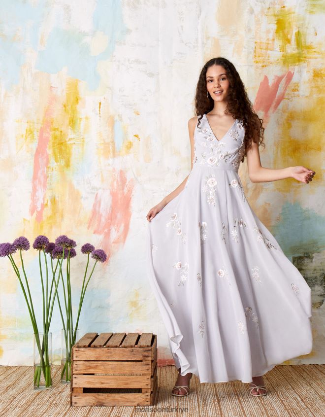 Monsoon kadınlar addison çiçek işlemeli maxi elbise JH86BT1146 Giyim mavi