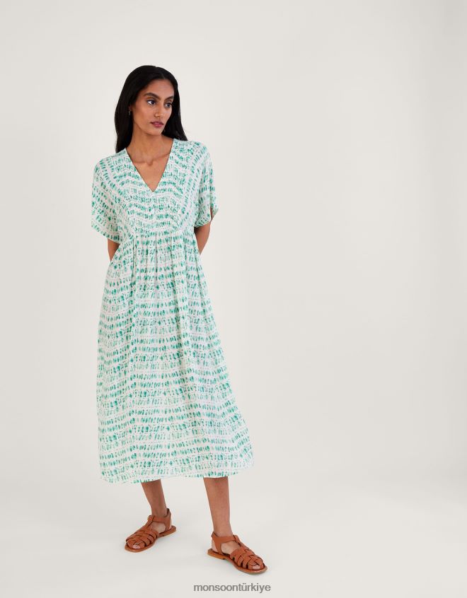 Monsoon kadınlar batik baskı büzgülü korsajlı kaftan elbise JH86BT733 Giyim mavi (turkuaz)