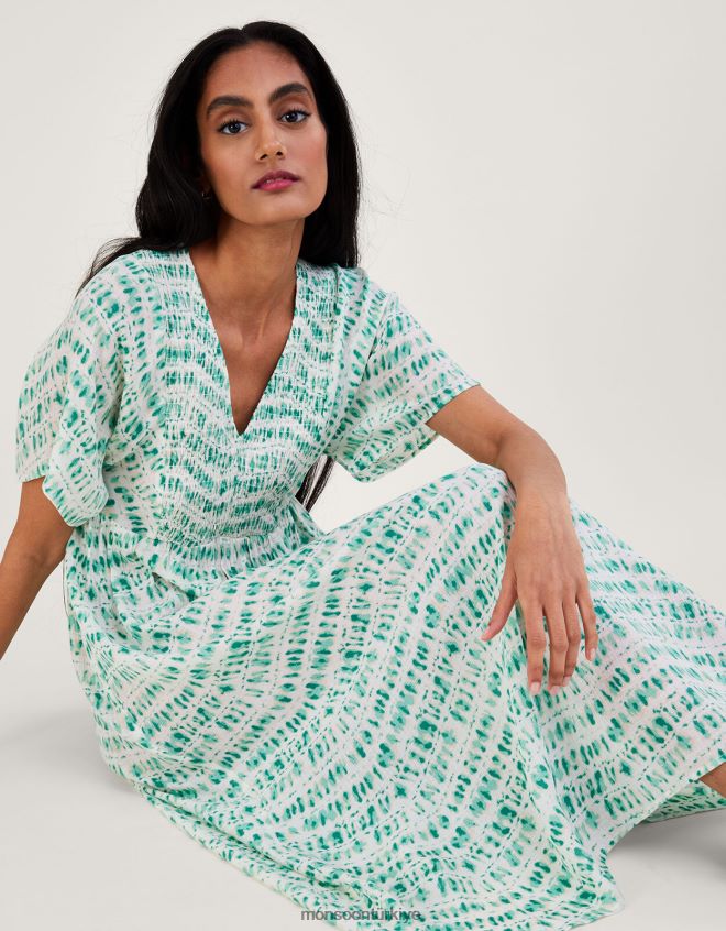Monsoon kadınlar batik baskı büzgülü korsajlı kaftan elbise JH86BT733 Giyim mavi (turkuaz)