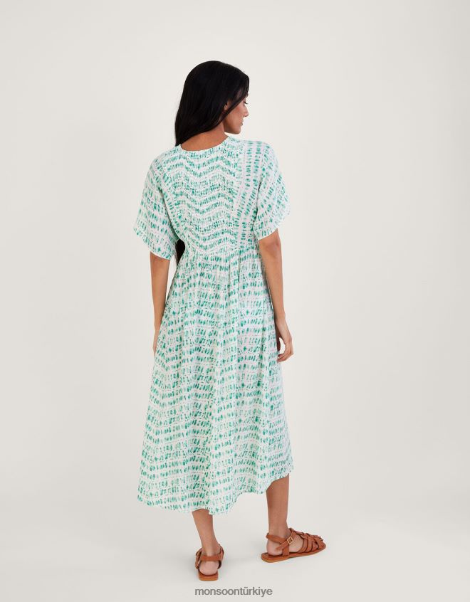 Monsoon kadınlar batik baskı büzgülü korsajlı kaftan elbise JH86BT733 Giyim mavi (turkuaz)