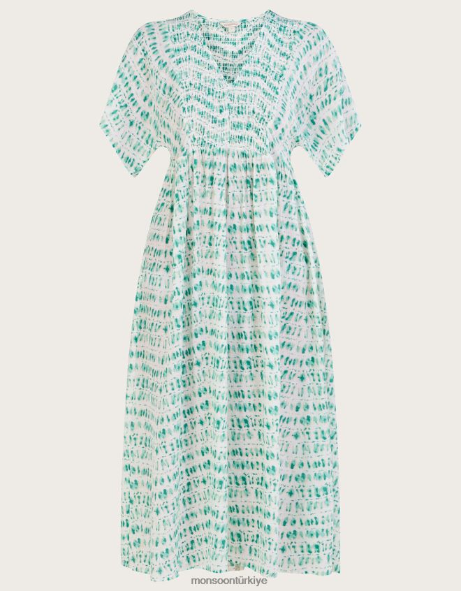 Monsoon kadınlar batik baskı büzgülü korsajlı kaftan elbise JH86BT733 Giyim mavi (turkuaz)