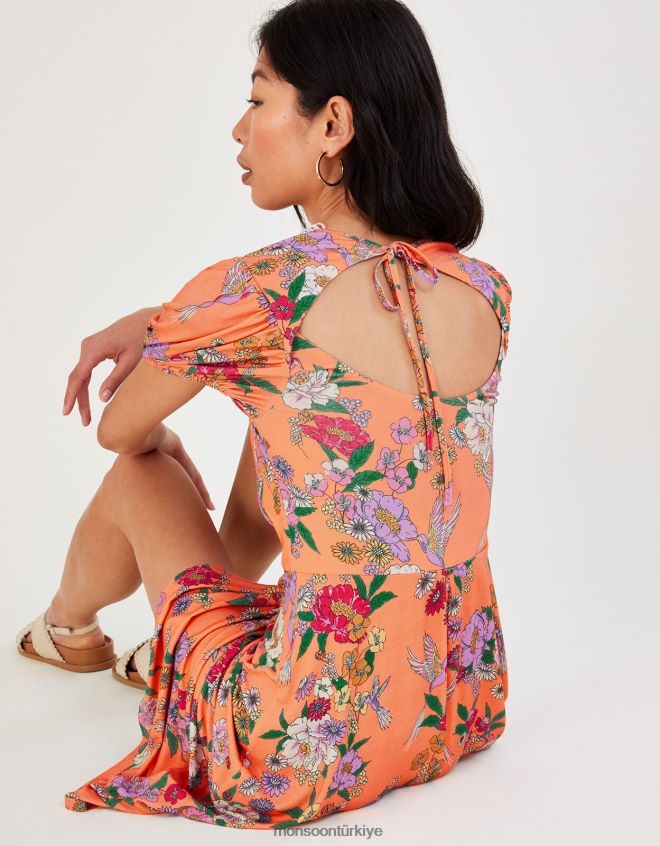 Monsoon kadınlar dantel detaylı çiçekli jarse elbise JH86BT703 Giyim portakal (şeftali)