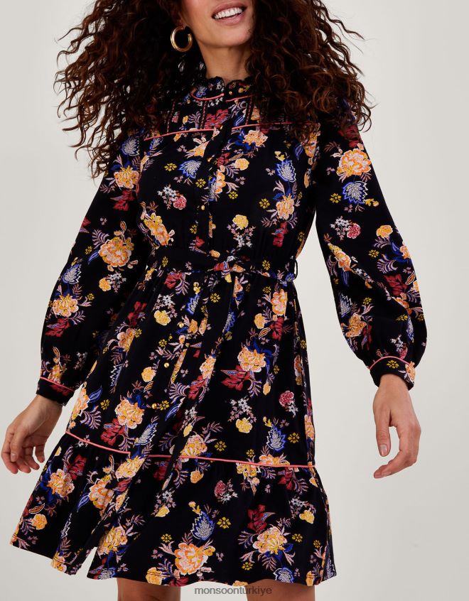 Monsoon kadınlar çiçek desenli kuşaklı jarse elbise JH86BT709 Giyim siyah