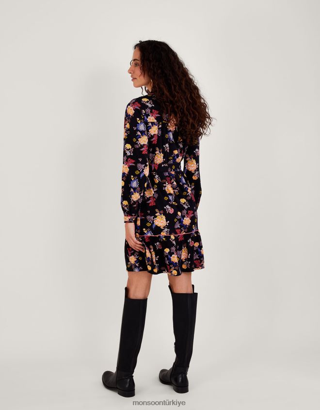 Monsoon kadınlar çiçek desenli kuşaklı jarse elbise JH86BT709 Giyim siyah