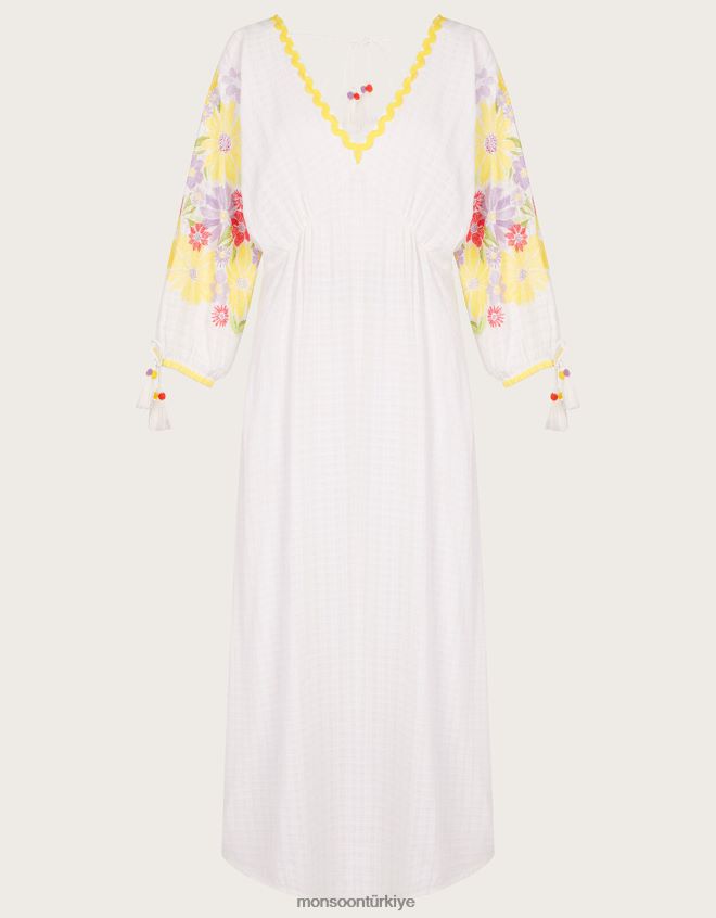 Monsoon kadınlar çiçek işlemeli midi kaftan elbise JH86BT340 Giyim beyaz