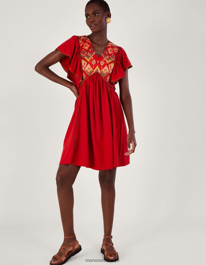Monsoon kadınlar işlemeli fırfır kollu jarse elbise JH86BT485 Giyim kırmızı