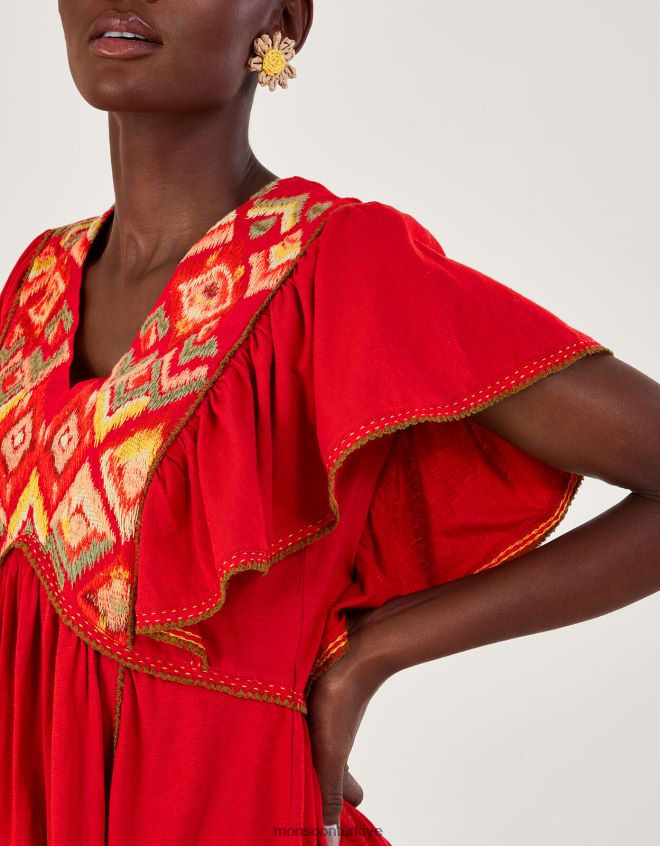 Monsoon kadınlar işlemeli fırfır kollu jarse elbise JH86BT485 Giyim kırmızı