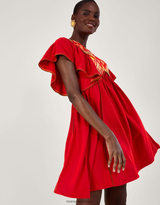 Monsoon kadınlar işlemeli fırfır kollu jarse elbise JH86BT485 Giyim kırmızı