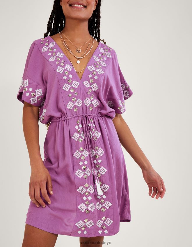 Monsoon kadınlar işlemeli v yaka kaftan JH86BT158 Giyim mor (leylak)