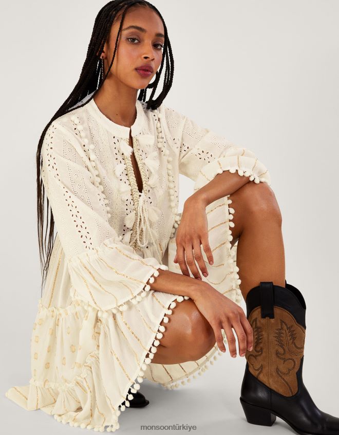 Monsoon kadınlar metalik püsküllü kaftan elbise JH86BT453 Giyim fildişi