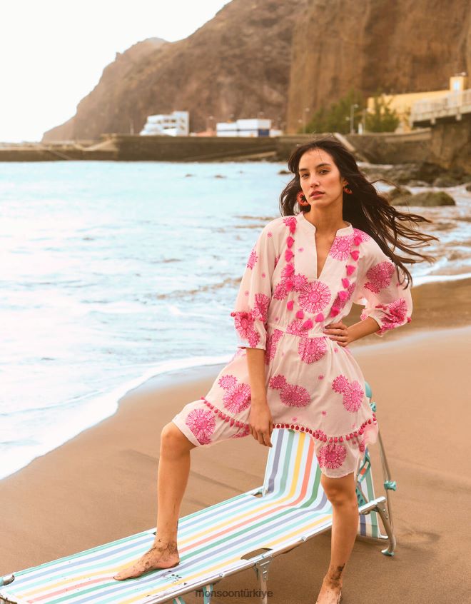 Monsoon kadınlar püskül işlemeli madalyon desenli kaftan elbise JH86BT506 Giyim beyaz