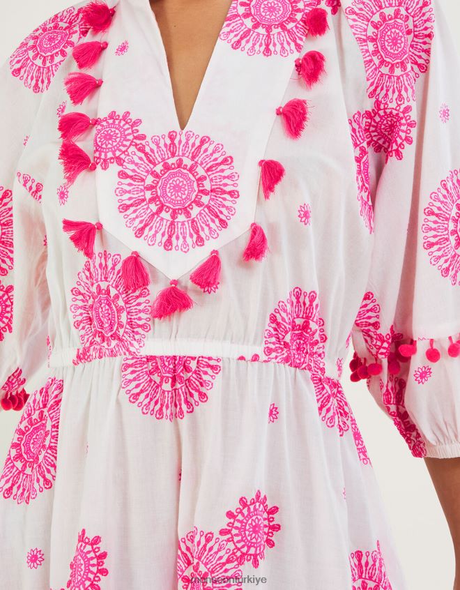 Monsoon kadınlar püskül işlemeli madalyon desenli kaftan elbise JH86BT506 Giyim beyaz