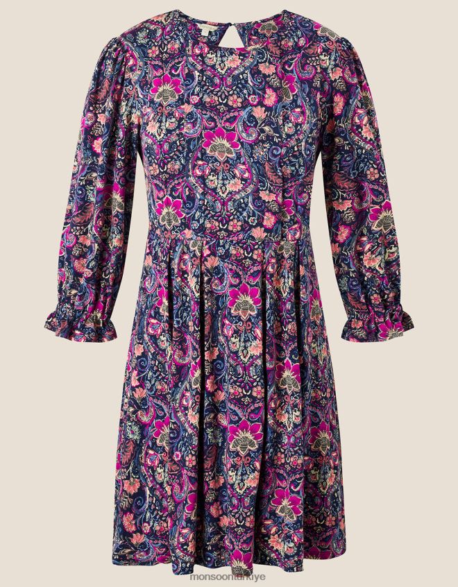 Monsoon kadınlar pilili desenli jarse elbise JH86BT923 Giyim Mavi Donanma)