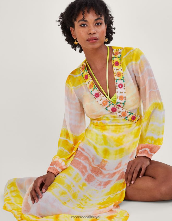 Monsoon kadınlar premium batik maxi kaftan elbise JH86BT886 Giyim sarı