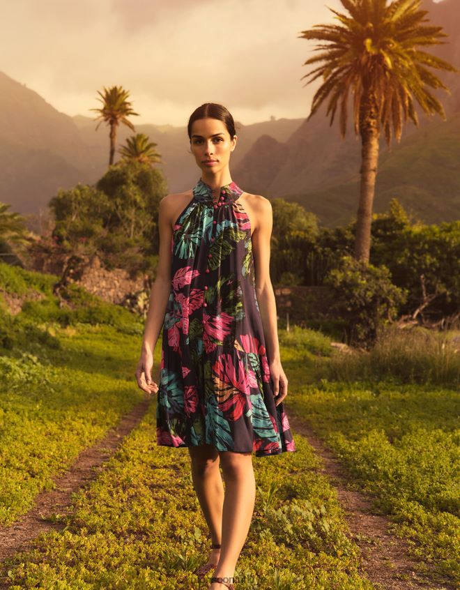 Monsoon kadınlar sürdürülebilir viskondan bria palmiye desenli boyundan bağlamalı elbise JH86BT337 Giyim mavi (gece yarısı)