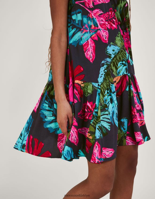 Monsoon kadınlar sürdürülebilir viskondan bria palmiye desenli boyundan bağlamalı elbise JH86BT337 Giyim mavi (gece yarısı)