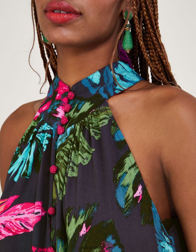 Monsoon kadınlar sürdürülebilir viskondan bria palmiye desenli boyundan bağlamalı elbise JH86BT337 Giyim mavi (gece yarısı)