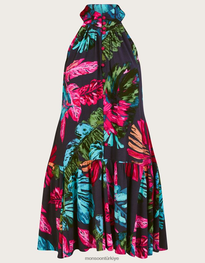 Monsoon kadınlar sürdürülebilir viskondan bria palmiye desenli boyundan bağlamalı elbise JH86BT337 Giyim mavi (gece yarısı)