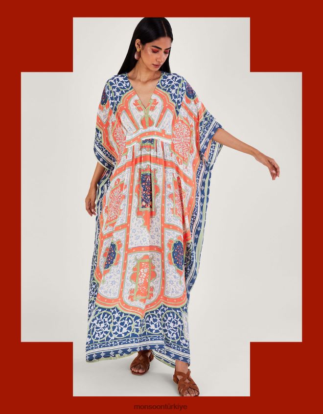Monsoon kadınlar yüz yıldız hint yaz maxi kaftan JH86BT294 Giyim turuncu (mercan)