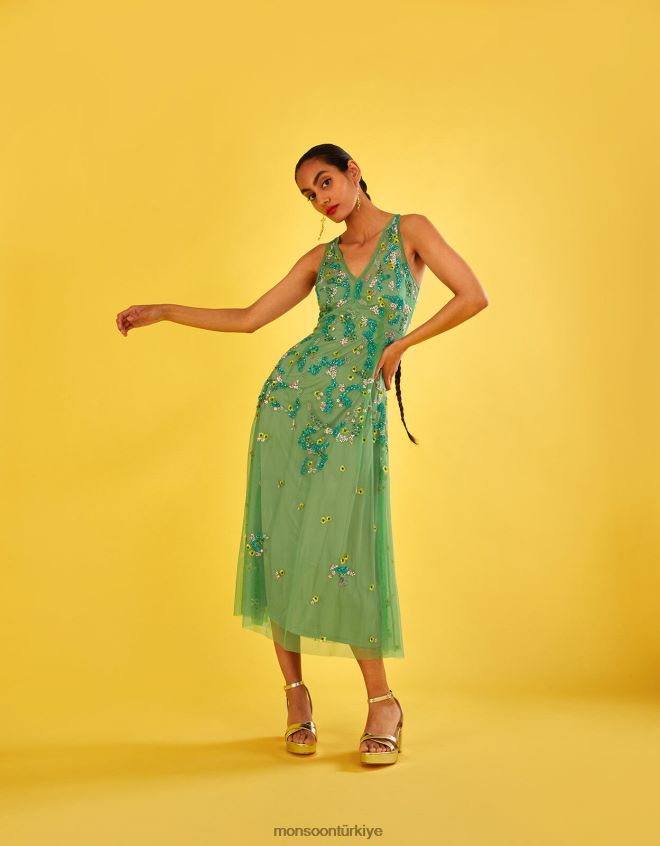 Monsoon kadınlar Amanda geri dönüştürülmüş polyesterden süslenmiş midi elbise JH86BT1000 Giyim yeşil