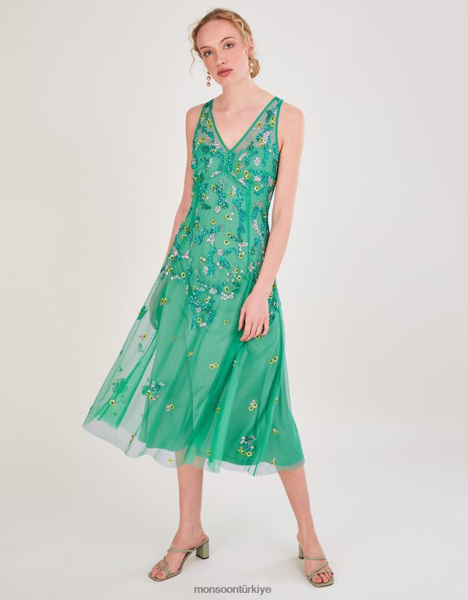 Monsoon kadınlar Amanda geri dönüştürülmüş polyesterden süslenmiş midi elbise JH86BT1000 Giyim yeşil