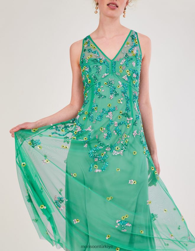 Monsoon kadınlar Amanda geri dönüştürülmüş polyesterden süslenmiş midi elbise JH86BT1000 Giyim yeşil