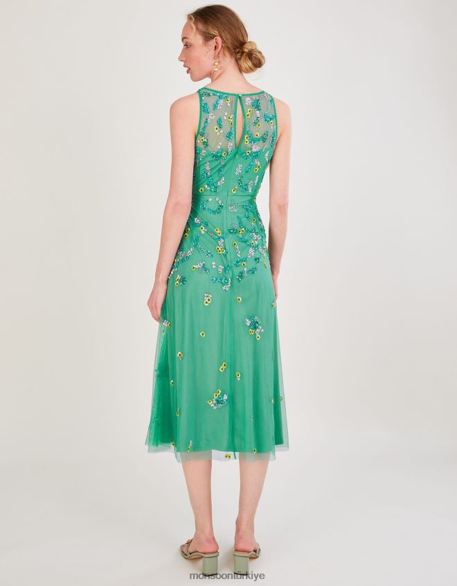 Monsoon kadınlar Amanda geri dönüştürülmüş polyesterden süslenmiş midi elbise JH86BT1000 Giyim yeşil